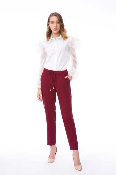 Gizia Carrot Cut Laced Claret Red Colored Fabric Trousers. 1