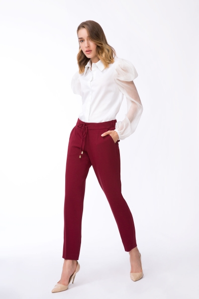 Gizia Carrot Cut Laced Claret Red Colored Fabric Trousers. 2