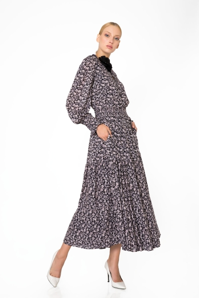 Gizia Collar Applique Detailed Floral Patterned Long Dress with Pocket. 2