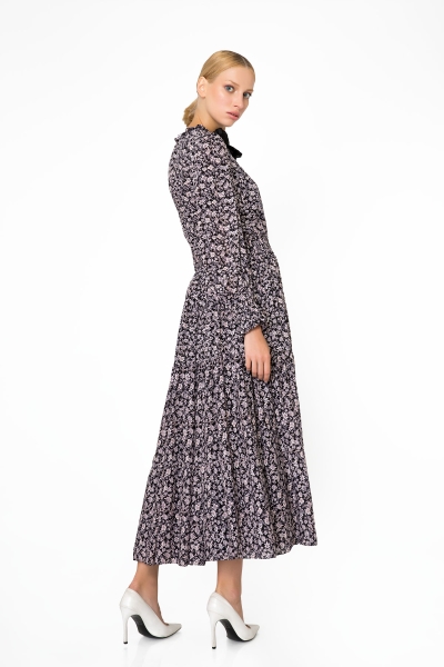 Gizia Collar Applique Detailed Floral Patterned Long Dress with Pocket. 3