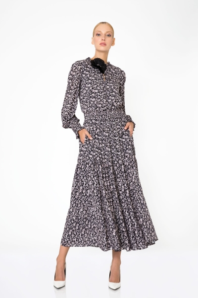 Gizia Collar Applique Detailed Floral Patterned Long Dress with Pocket. 1