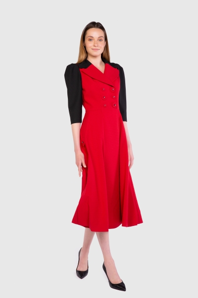 Gizia Contrast Colored Embroidered Detailed Midi Red Dress. 2