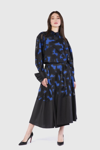 Gizia Contrast Detailed Jacquard Fabric Sax Skirt. 3