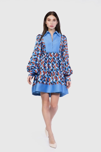 Gizia Contrast Detailed Pleated Mini Blue Dress. 3