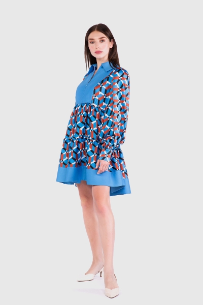 Gizia Contrast Detailed Pleated Mini Blue Dress. 2