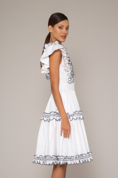Gizia Contrast Embroidered Ruffle Pleated Mini Length White Dress. 2
