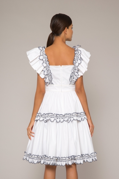 Gizia Contrast Embroidered Ruffle Pleated Mini Length White Dress. 3