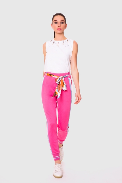 Gizia Contrast Stripe Detailed Patterned Belted Fuchsia Trousers. 2