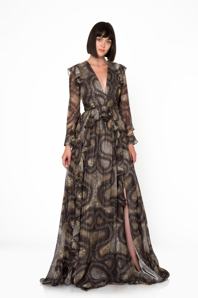 Gizia Deep V-Neck Flounce Detailed Glittery Snake Pattern Long Chiffon Dress. 1