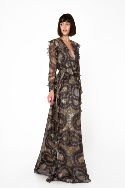 Gizia Deep V-Neck Flounce Detailed Glittery Snake Pattern Long Chiffon Dress. 2