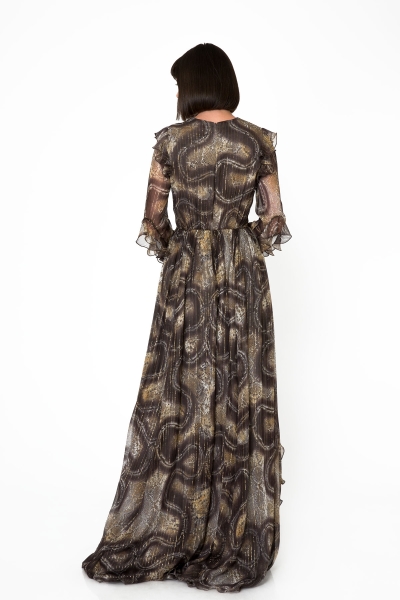 Gizia Deep V-Neck Flounce Detailed Glittery Snake Pattern Long Chiffon Dress. 3