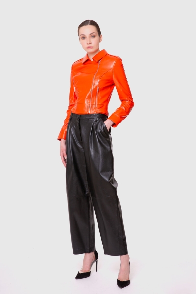 Gizia Double Breasted Closure Orange Short Leather Jacket. 1
