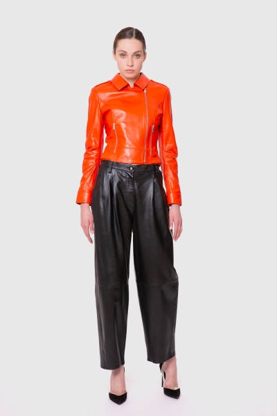 Gizia Double Breasted Closure Orange Short Leather Jacket. 3