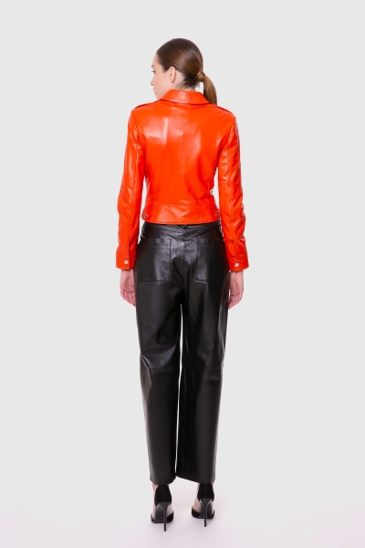 Gizia Double Breasted Closure Orange Short Leather Jacket. 2