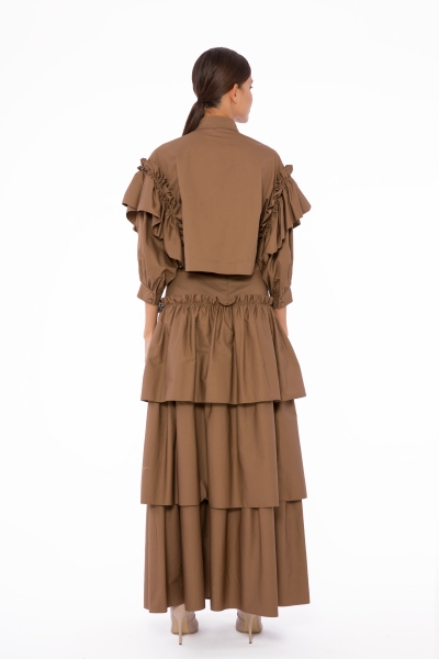 Gizia Embroidered Detail, High Waist Corsage, Pleated Layer Brown Long Skirt. 1