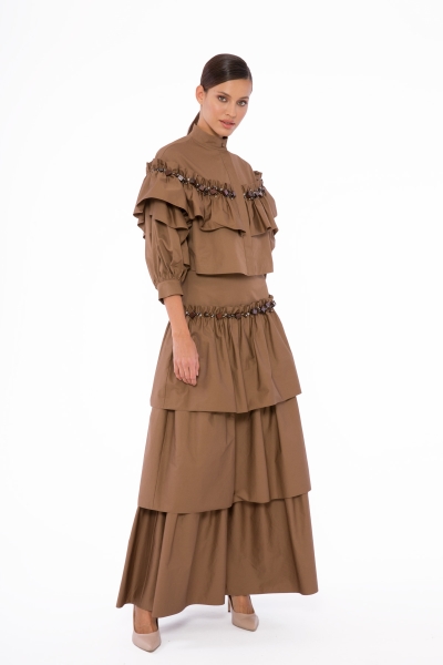 Gizia Embroidered Detail, High Waist Corsage, Pleated Layer Brown Long Skirt. 2