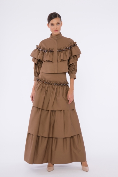 Gizia Embroidered Detail, High Waist Corsage, Pleated Layer Brown Long Skirt. 3
