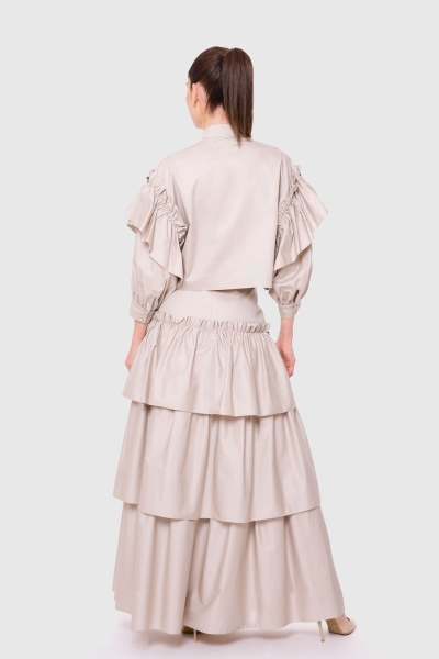 Gizia Embroidered Detailed, High Waist Bodice, Pleated Layered Stone Color Long Skirt. 1