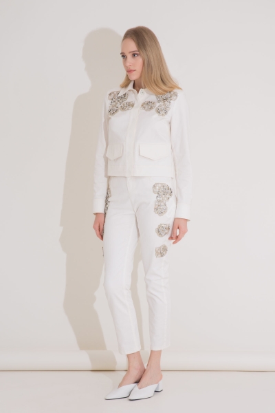 Gizia Embroidered Detailed Piping White Jean Trousers. 1