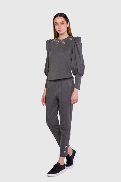 Gizia Embroidered Detailed Shoulder Pleated Gray Blouse. 2
