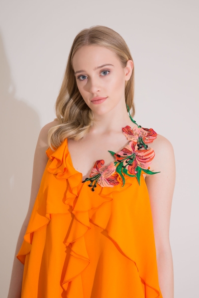 Gizia Embroidery And Flounce Detail Orange Long Dress. 3