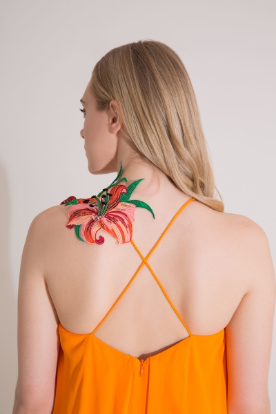 Gizia Embroidery And Flounce Detail Orange Long Dress. 2