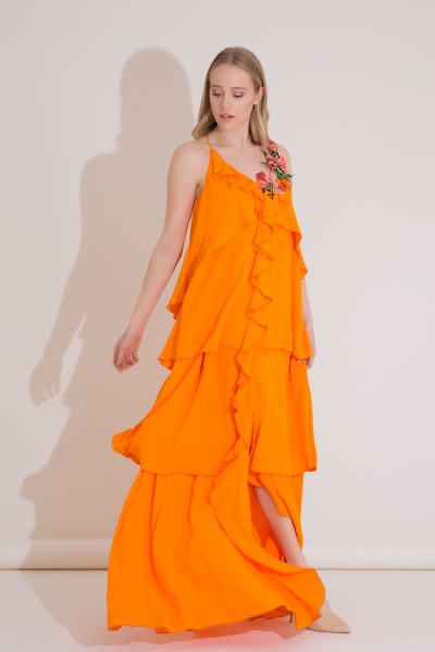 Gizia Embroidery And Flounce Detail Orange Long Dress. 1