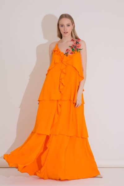 Gizia Embroidery And Flounce Detail Orange Long Dress. 5