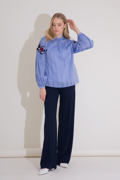 Gizia Embroidery Detail Tie Collar Striped Blue Voile Blouse. 1