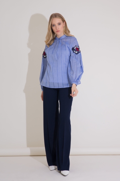Gizia Embroidery Detail Tie Collar Striped Blue Voile Blouse. 2