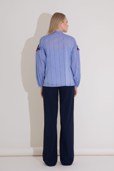 Gizia Embroidery Detail Tie Collar Striped Blue Voile Blouse. 3