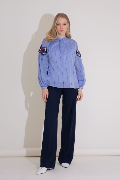 Gizia Embroidery Detail Tie Collar Striped Blue Voile Blouse. 4