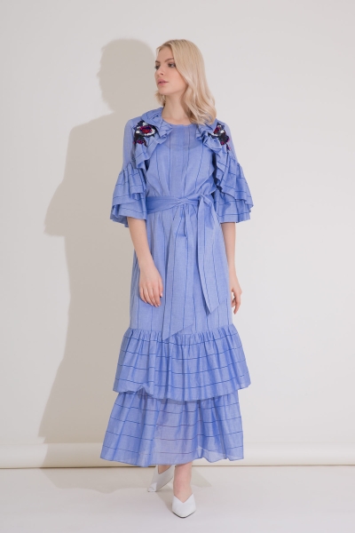 Gizia Embroidery Detailed Frilly Striped Voile Long Blue Dress. 3