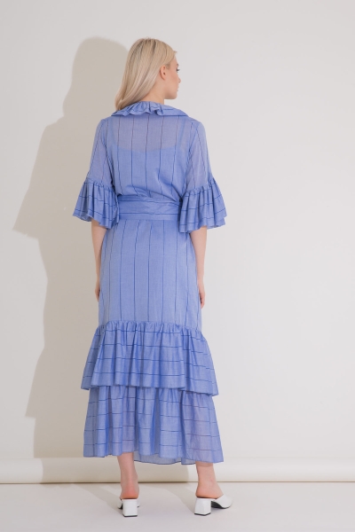 Gizia Embroidery Detailed Frilly Striped Voile Long Blue Dress. 4