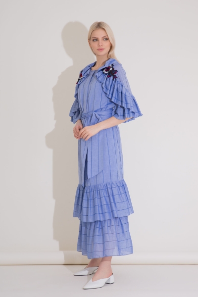 Gizia Embroidery Detailed Frilly Striped Voile Long Blue Dress. 2