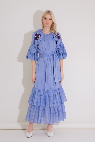 Gizia Embroidery Detailed Frilly Striped Voile Long Blue Dress. 1