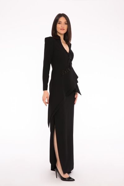 Gizia Embroidery Detailed Long Sleeve Black Long Evening Dress. 2