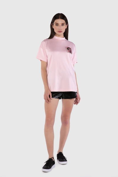 Gizia Embroidery Detailed Stand Up Collar Oversize Pink Tshirt. 1
