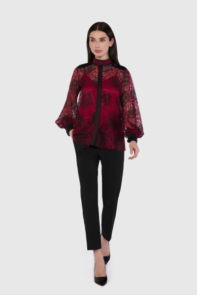Gizia Epaulette And Ribbon Detailed Lace Transparent Red Blouse. 3