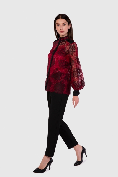 Gizia Epaulette And Ribbon Detailed Lace Transparent Red Blouse. 2
