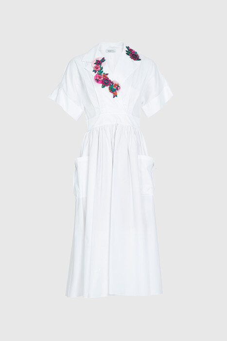 Gizia Floral Embroidered Collar Detailed Flounce Skirt White Dress. 1