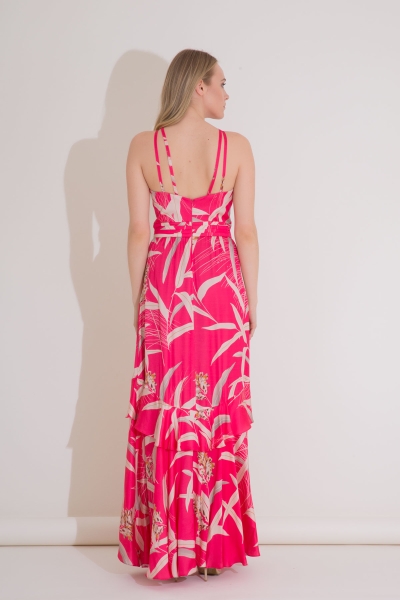 Gizia Floral Leaf Patterned Long Pink Viscose Dress. 3