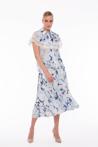 Gizia Floral Pattern Pleated Chiffon Blue Skirt. 1