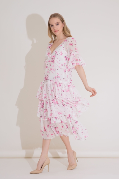 Gizia Floral Pattern V-Neck Ruffle Midi Length Pink Dress. 2