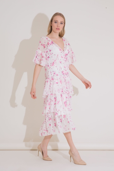 Gizia Floral Pattern V-Neck Ruffle Midi Length Pink Dress. 4