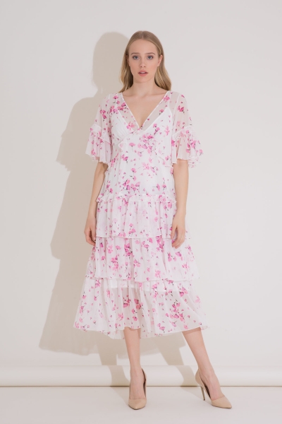 Gizia Floral Pattern V-Neck Ruffle Midi Length Pink Dress. 3