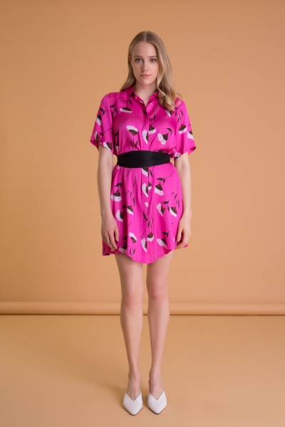 Gizia Floral Patterned Belted Fuchsia Mini Dress. 3