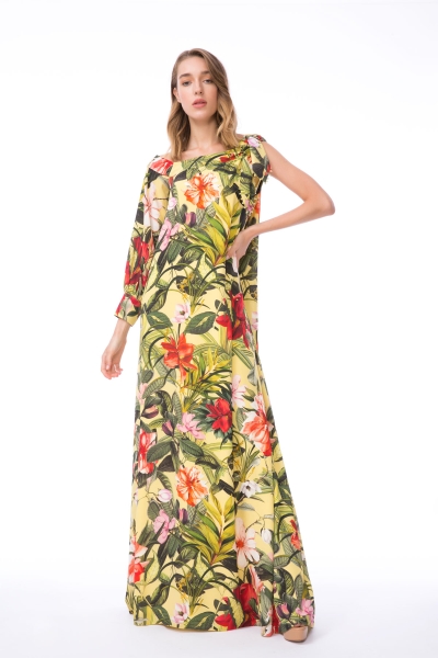 Gizia Floral Patterned Long Sleeve One-Shoulder Dress. 3