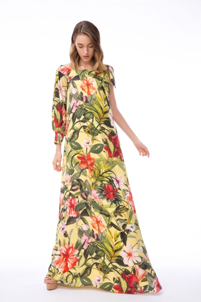 Gizia Floral Patterned Long Sleeve One-Shoulder Dress. 4