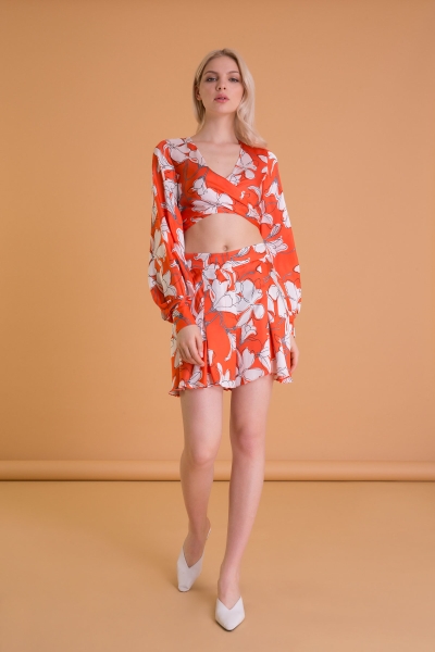 Gizia Floral Patterned Tie Back Orange Blouse. 1